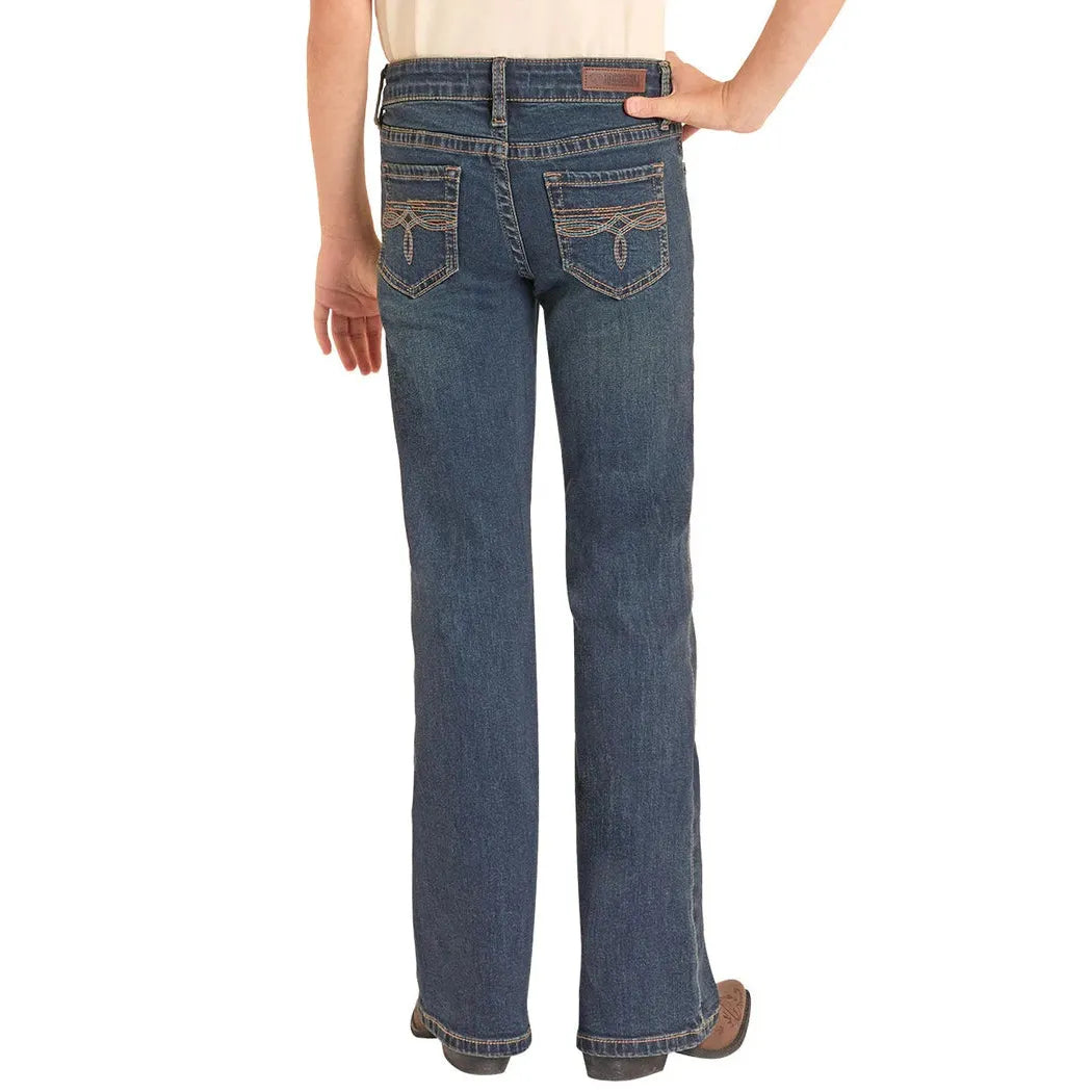 Rock & Roll Girl's Turquoise Stitch Bootcut Jeans - Dark Wash