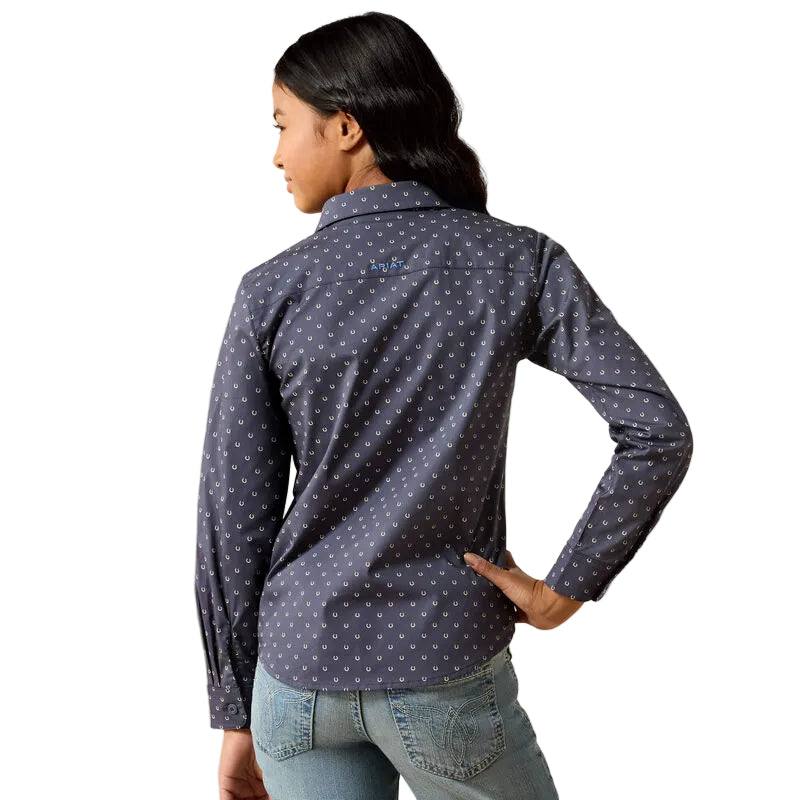 Ariat Girl's Team Kirby Long Sleeve Shirt - Navy Horseshoe