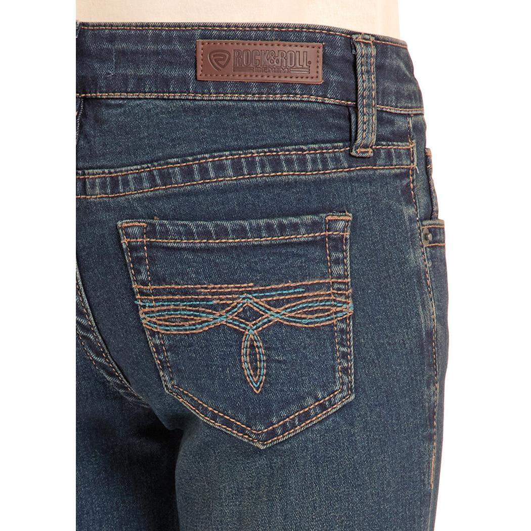 Rock & Roll Girl's Turquoise Stitch Bootcut Jeans - Dark Wash