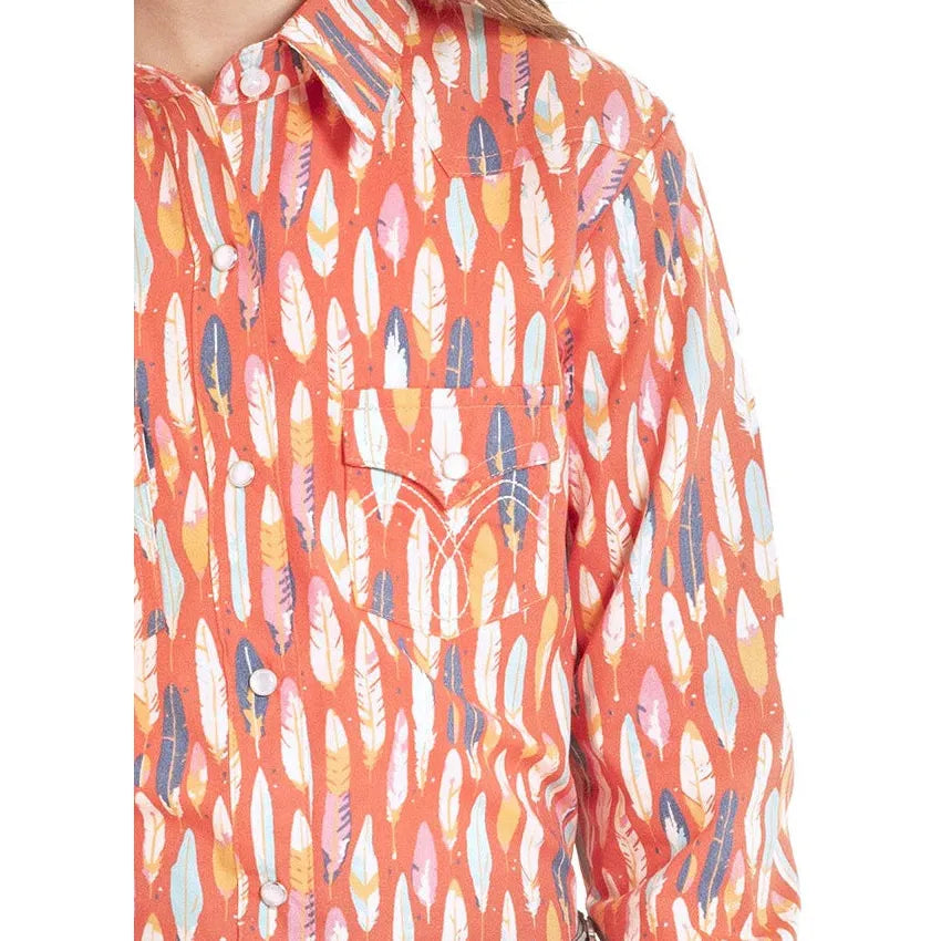 Panhandle Girl's Bright Feather Print Long Sleeve Snap Shirt - Coral