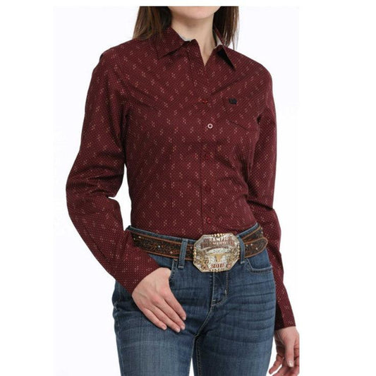 Cinch  Women's Geometric Print Long Sleeve Print Shirt - Burgundy