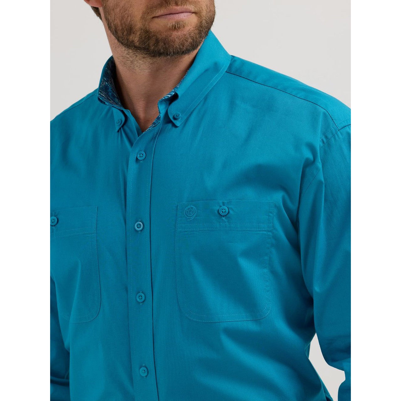 Wrangler Men's George Strait Long Sleeve 2 Pocket Shirt - Solid Teal