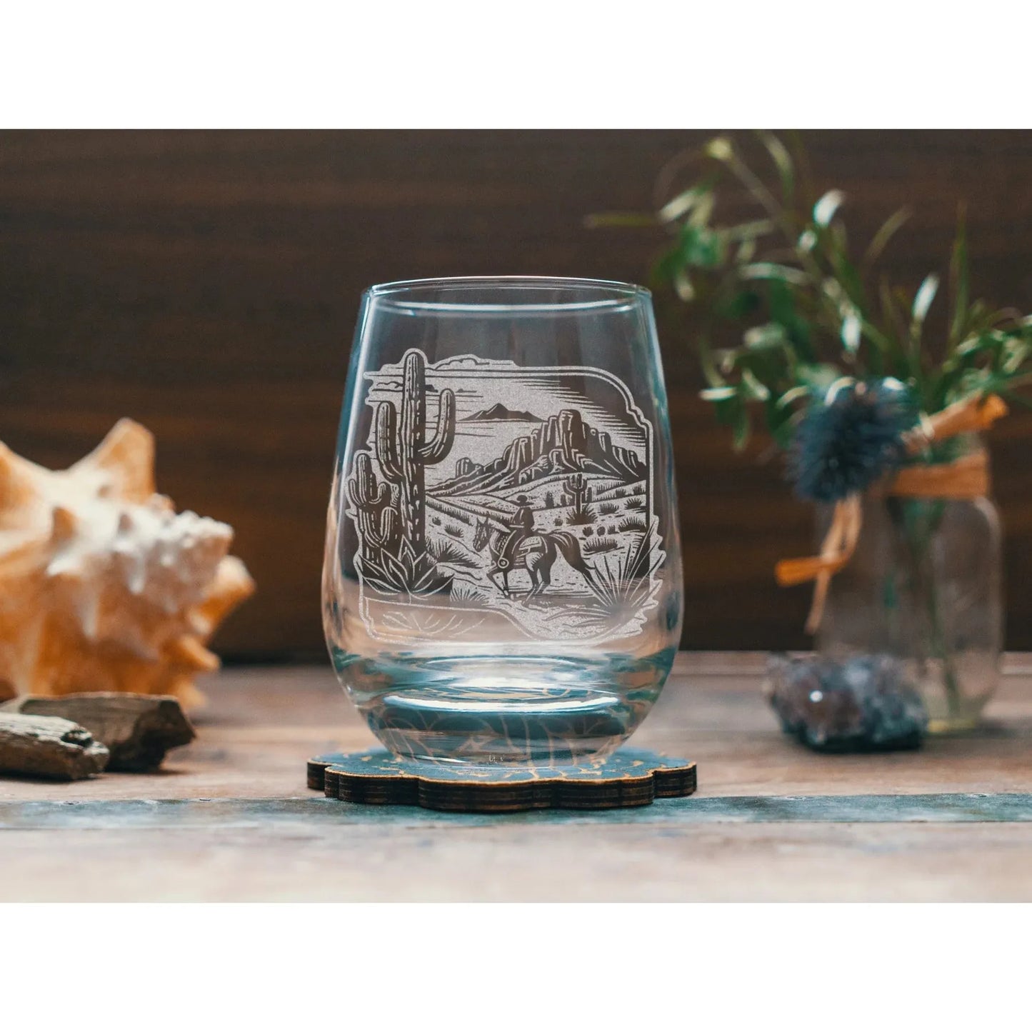 Benoit's Riding Cowboy Scene Stemless Wine Glasses
