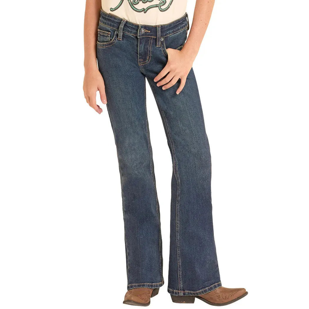 Rock & Roll Girl's Turquoise Stitch Bootcut Jeans - Dark Wash