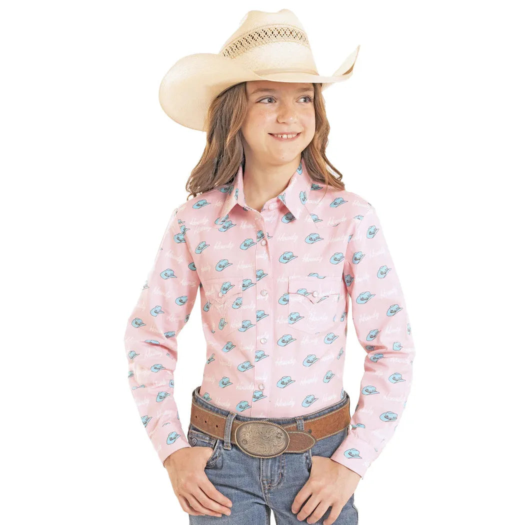 Panhandle Girl's Howdy Print Long Sleeve Snap Shirt - Pink