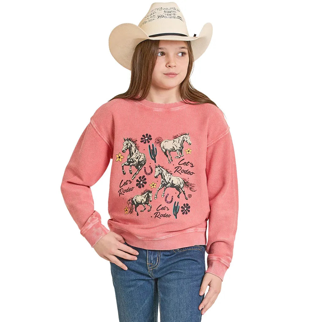 Rock & Roll Girl's Let's Rodeo Graphic Long Sleeve Pullover - Rose/Mauve