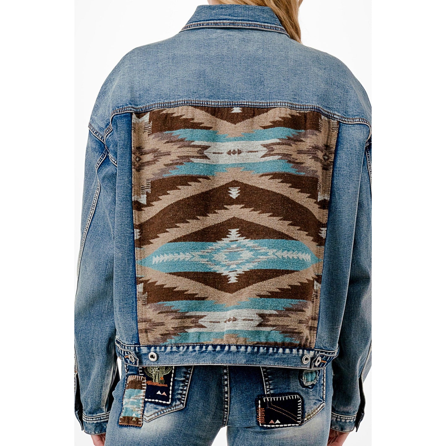 Grace In LA Women's Patchwork Denim Jacket - Medium Blue