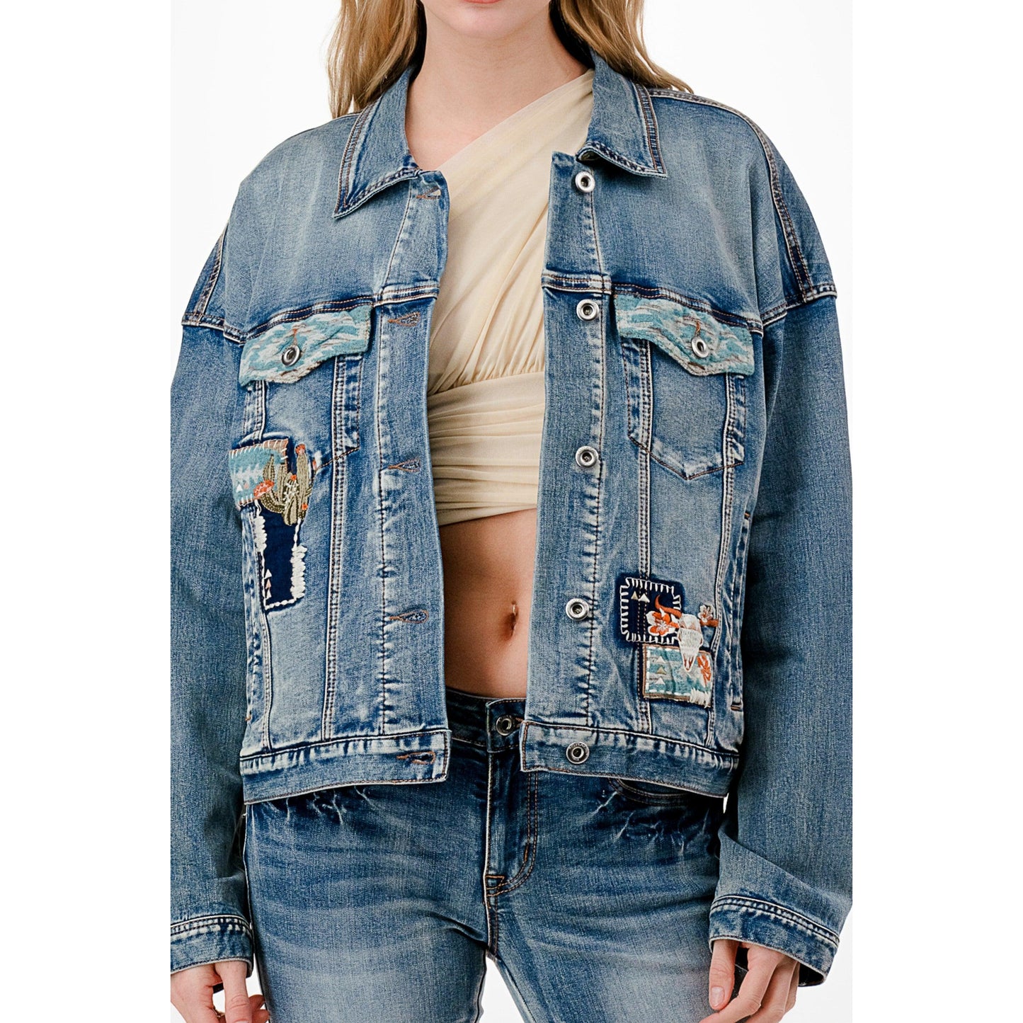 Grace In LA Women's Patchwork Denim Jacket - Medium Blue