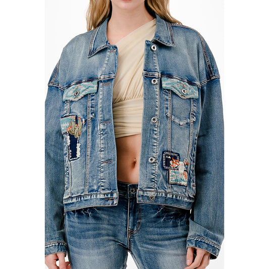 Grace In LA Women's Patchwork Denim Jacket - Medium Blue