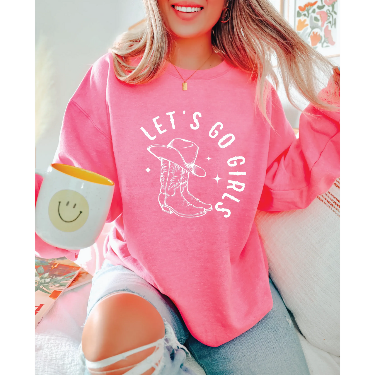 Blonde Ambition Long Sleeve Let's Go Girls Sweater- Hot Pink