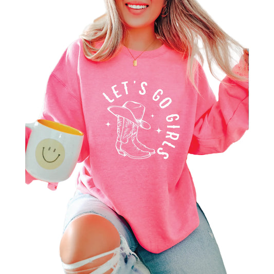 Blonde Ambition Long Sleeve Let's Go Girls Sweater- Hot Pink