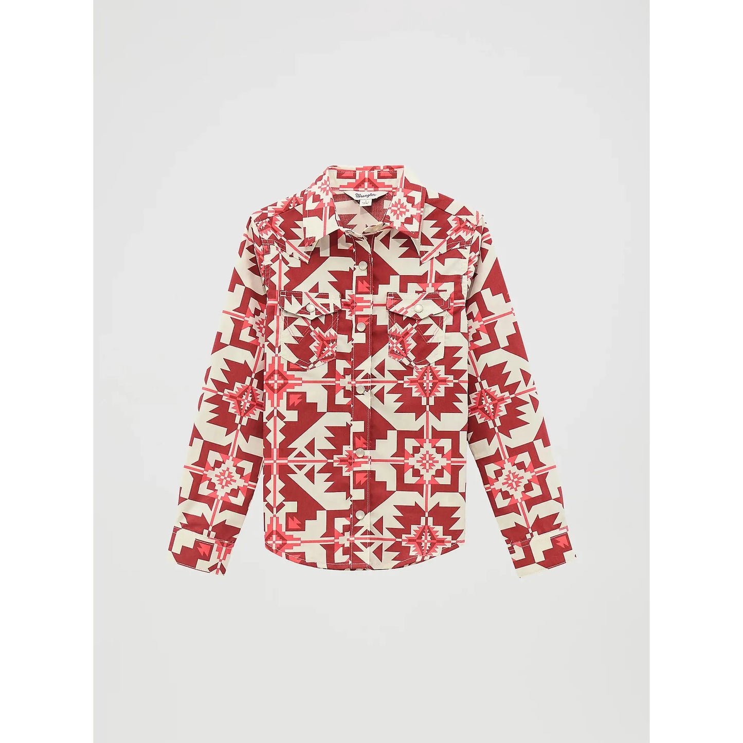 Wrangler Girl's Long Sleeve Geo Print Western Snap Shirt- Checotah Pink