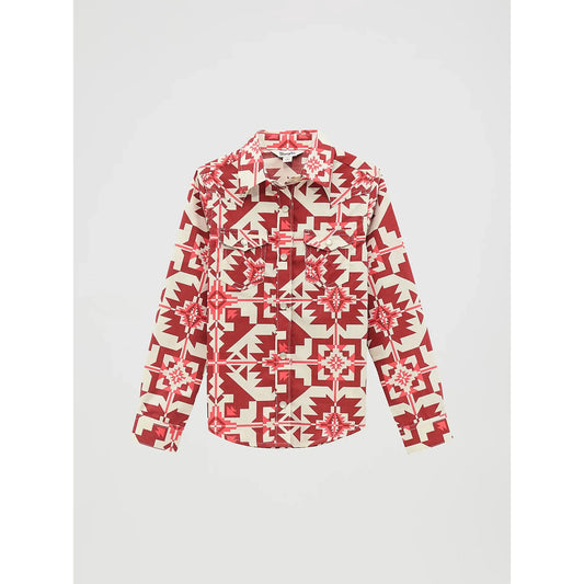 Wrangler Girl's Long Sleeve Geo Print Western Snap Shirt- Checotah Pink