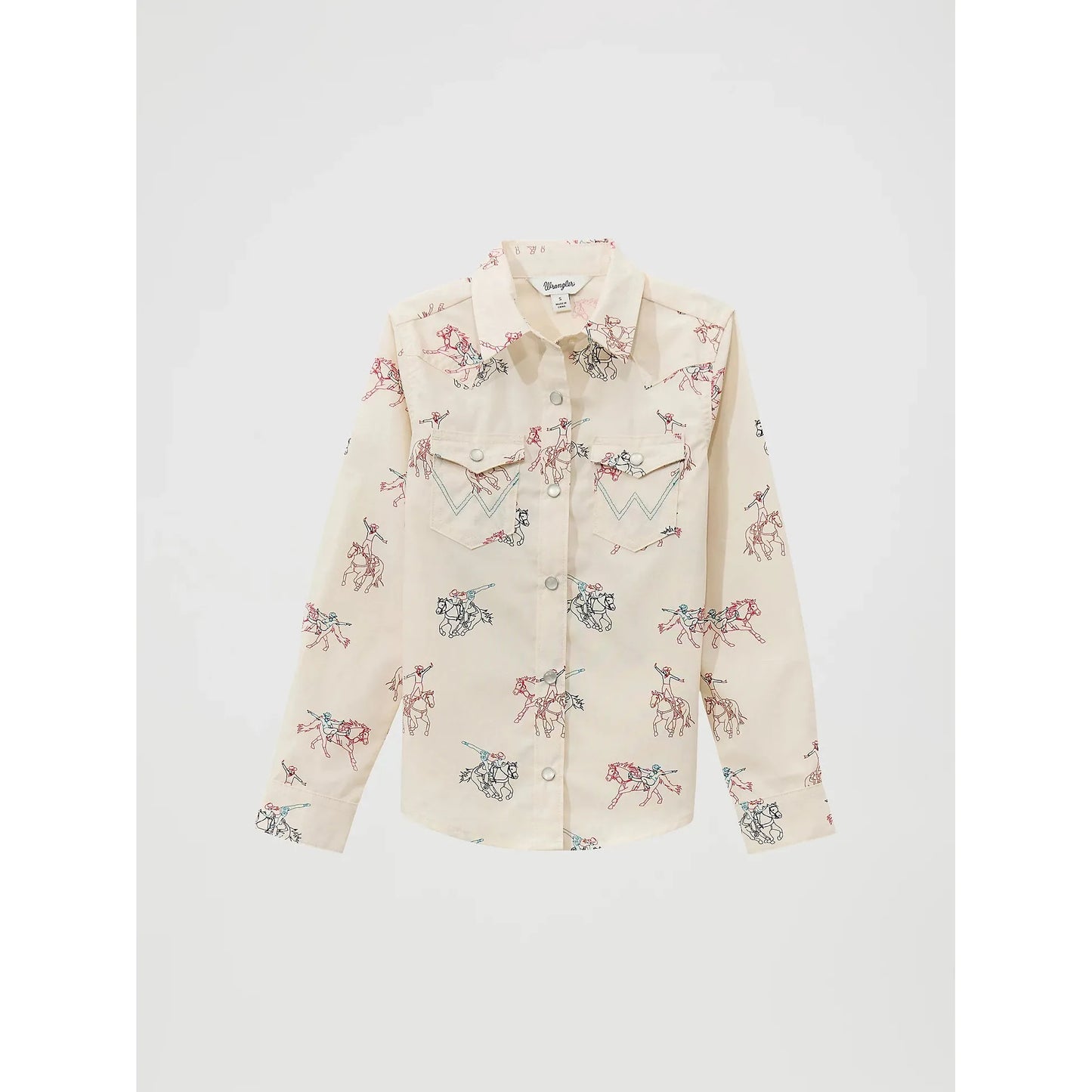 Wrangler Girl's Long Sleeve Cowboy Horse Print Western Snap Shirt- White