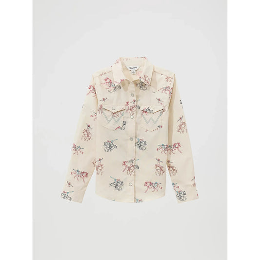 Wrangler Girl's Long Sleeve Cowboy Horse Print Western Snap Shirt- White
