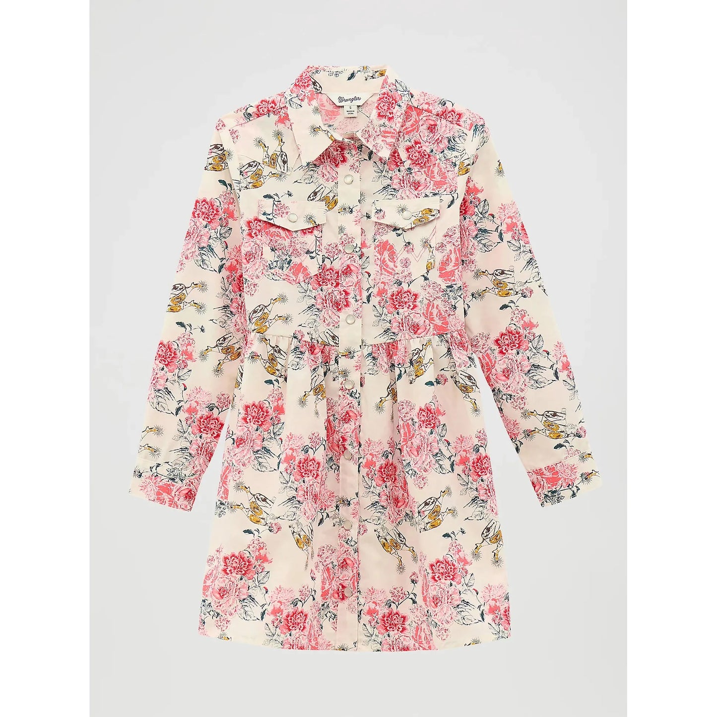 Wrangler Girl's Long Sleeve Printed Western Snap Dress- Floral White
