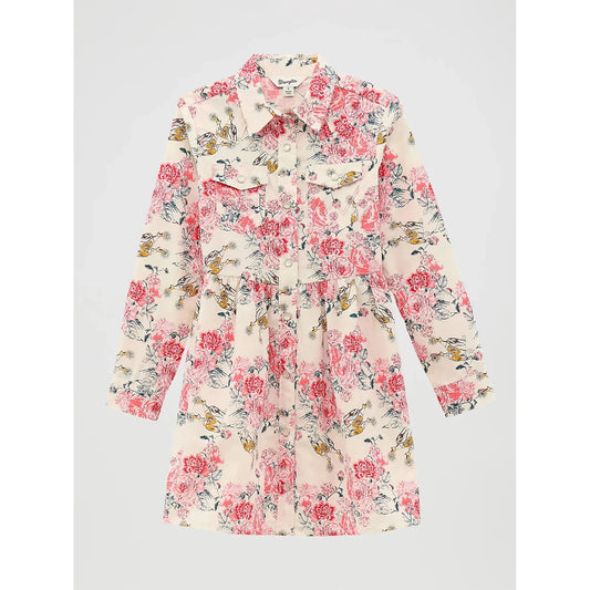 Wrangler Girl's Long Sleeve Printed Western Snap Dress- Floral White