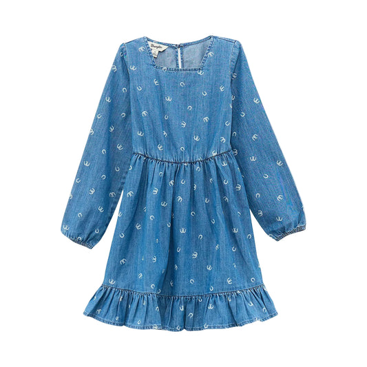 Wrangler Girl's Long Sleeve Ruffle Hem Horseshoe Denim Dress - Denim
