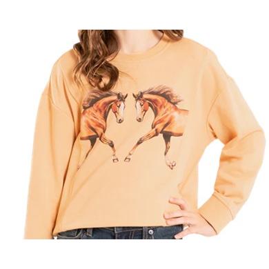 Rock & Roll Girl's Horse Graphic Long Sleeve Pullover - Tan