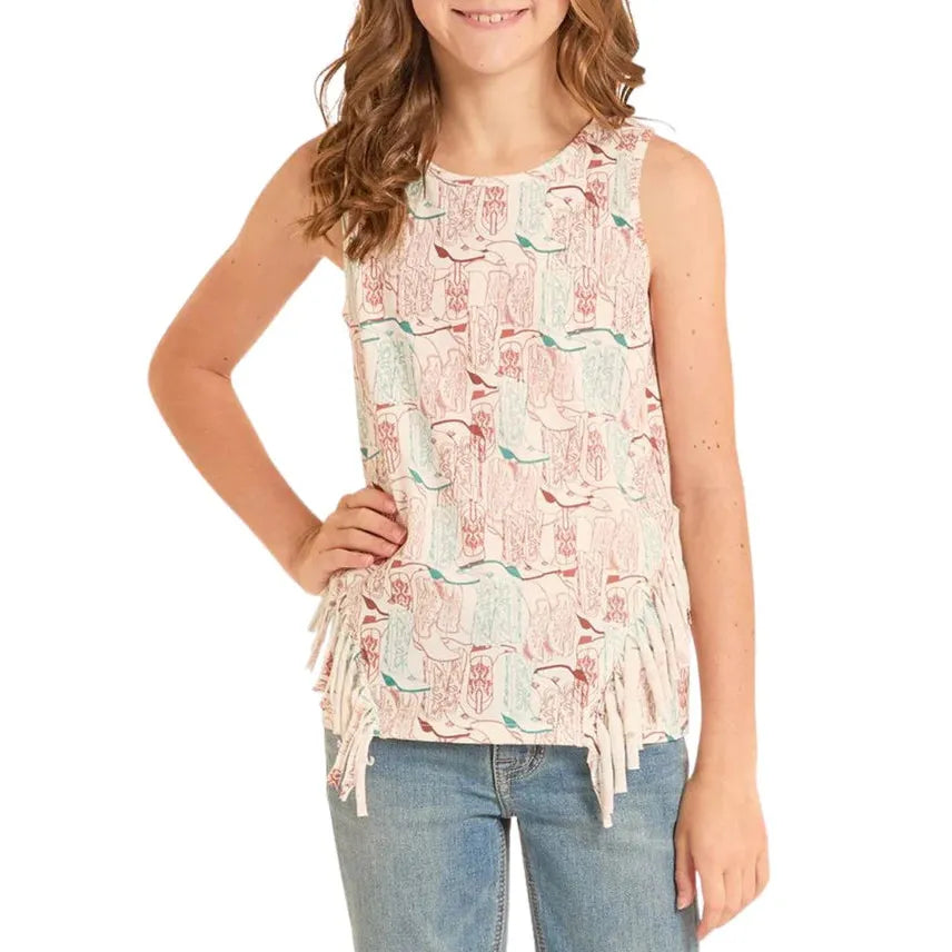 Rock & Roll Girl's Boot Print Fringe Tank Top - Natural