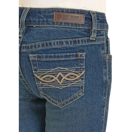 Rock & Roll Girl's Pleather Embroidered Boot Cut Jeans - Dark Wash