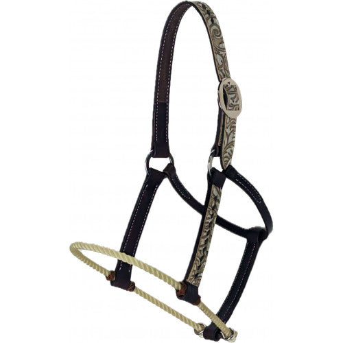 San Saba 1" Harness Leather Halter w/ Rope Nose -Floral & Buckstitch