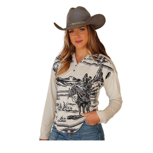 Cinch Women's Long Sleeve Henley Pullover- Cream