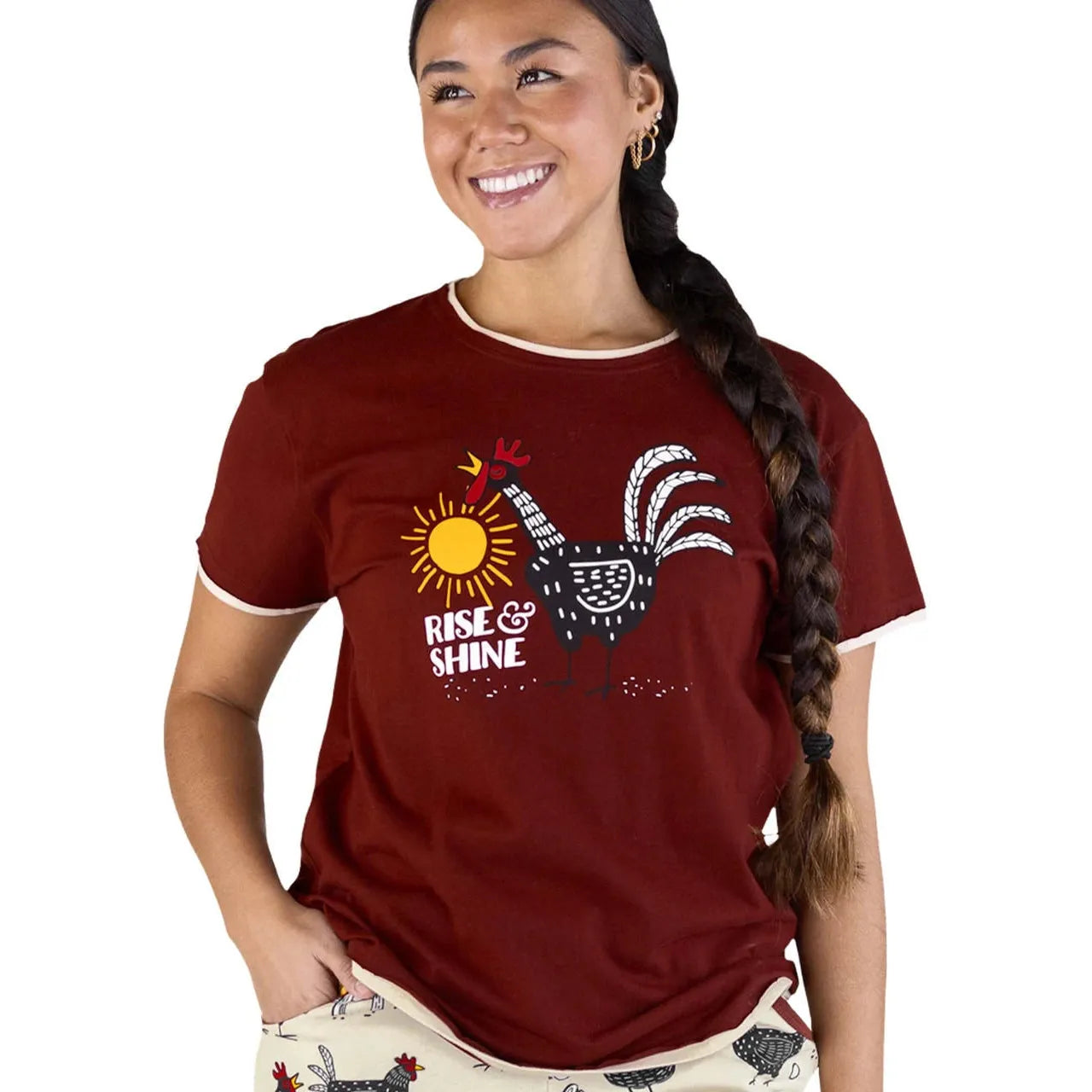 Lazy One Women's Rise & Shine Chicken Regular Fit PJ Tee - Fired Brick Red