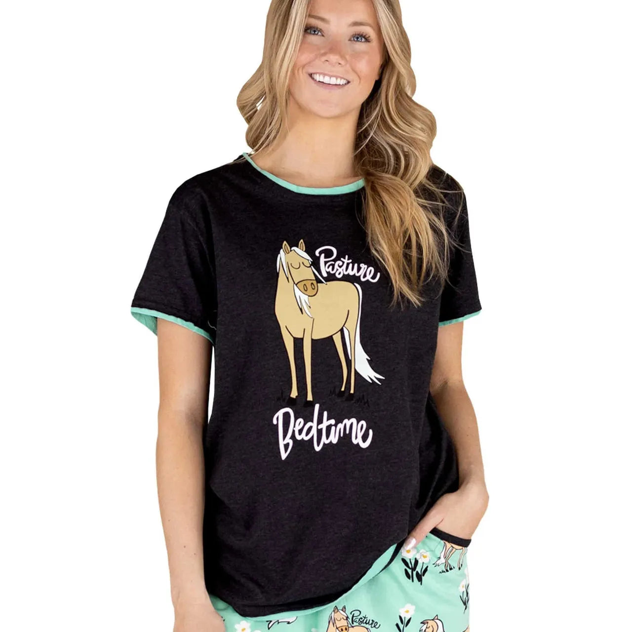 Lazy One Women's Pasture Bedtime Horse Regular Fit PJ Tee - Heather Gray