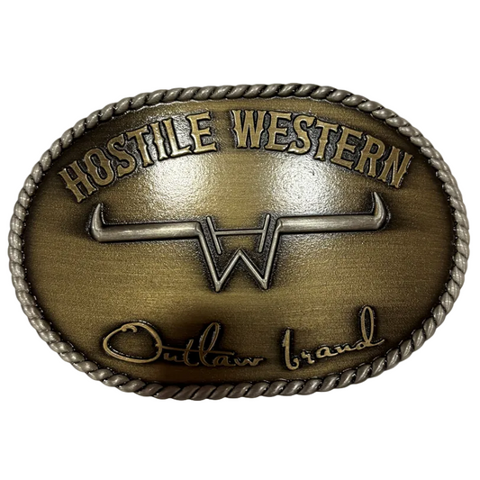 Hostile Western Outlaw Brand Antique Brass Belt Buckle