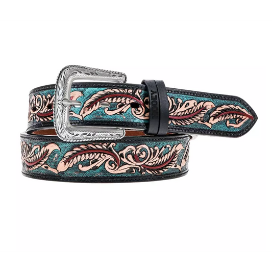 Hooey Women's Sequoia Feather Filigree Belt - Turquoise/Red