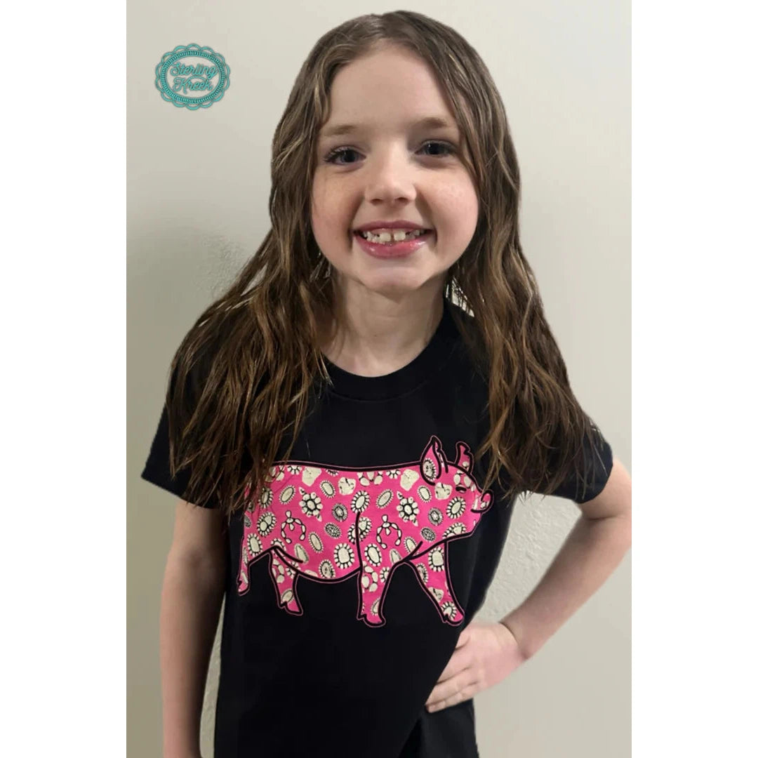 Sterling Kreek Girl's Mini Concho Pig T-Shirt - Black & Pink