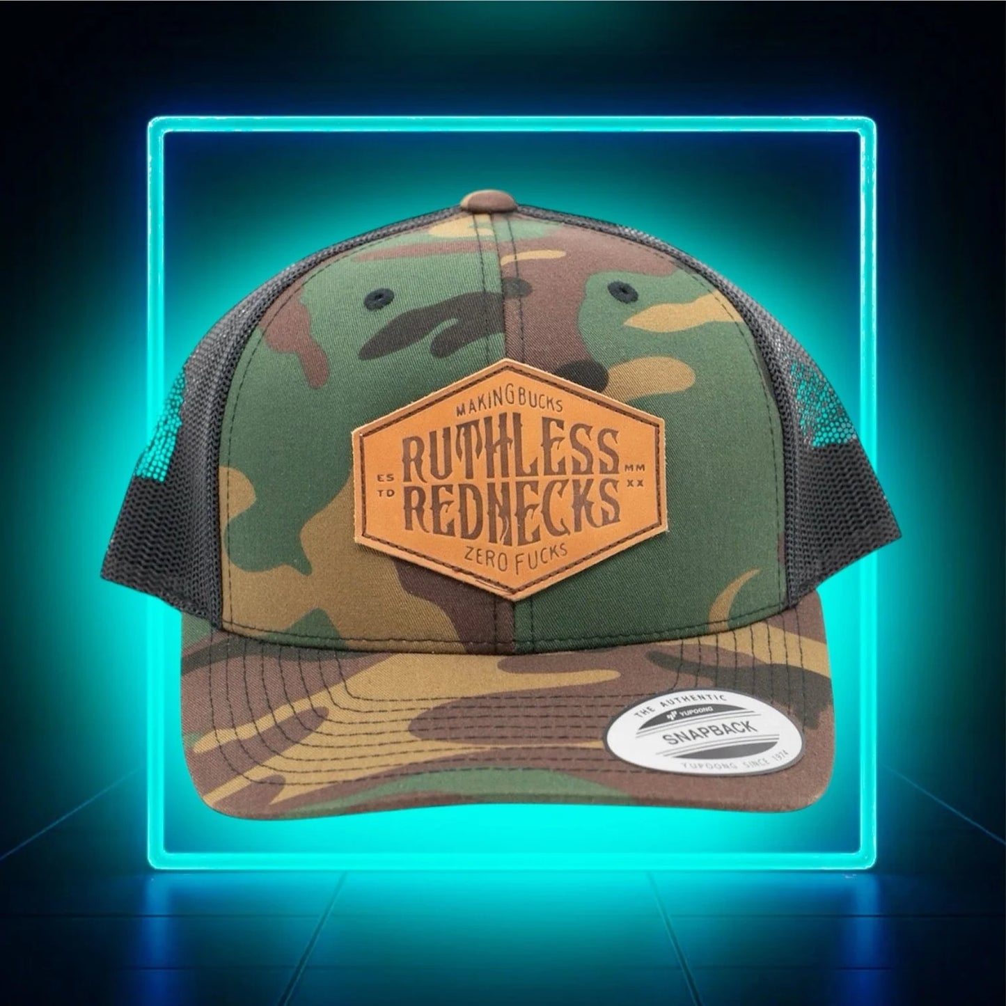 Ruthless Rednecks Hostile Patch Curved Brim Snapback Hat - Green Camo/Brown