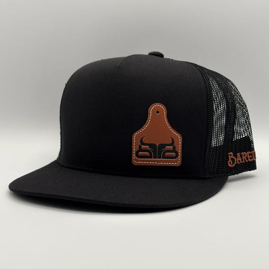 Baredown Ear Tag Leather Patch Flat Cap - Black