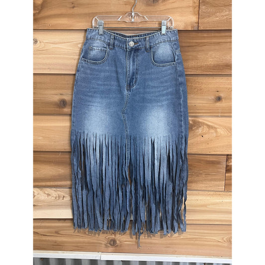 Vocal Apparel Denim Midi Skirt with Fringe - Blue