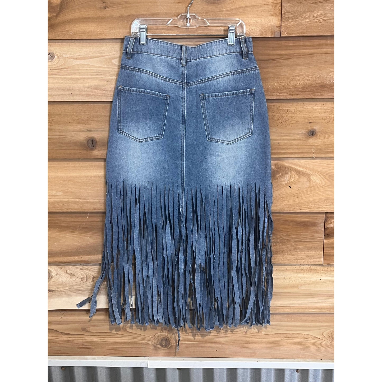 Vocal Apparel Denim Midi Skirt with Fringe - Blue