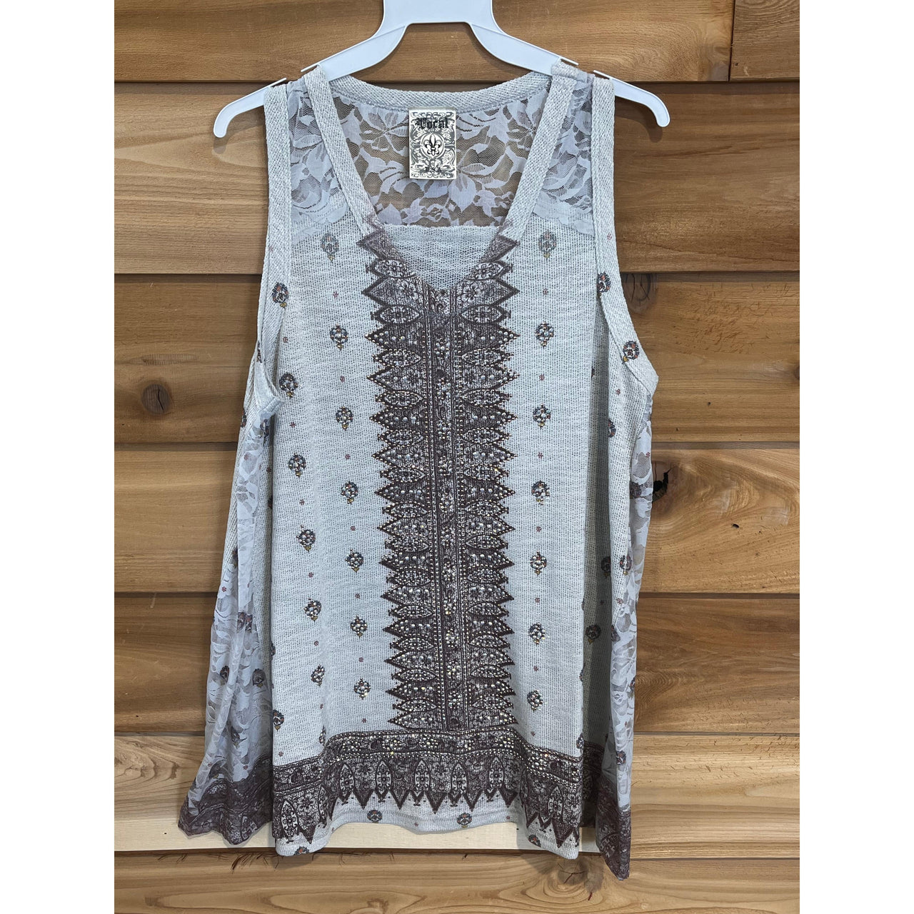 Vocal Apparel Crochet Lace Contrast Print Shirt- Assorted Colours