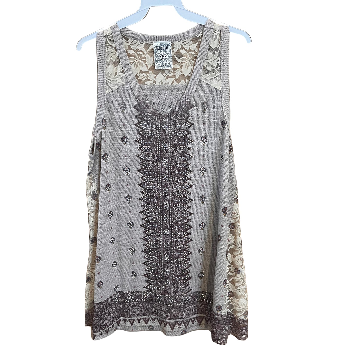 Vocal Apparel Crochet Lace Contrast Print Shirt- Assorted Colours