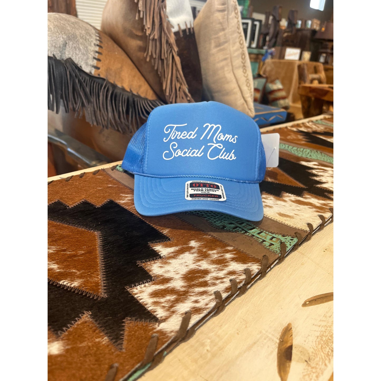 Blonde Ambition Tired Moms Social Club Trucker Hat- Light Blue