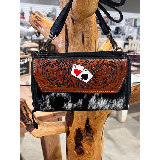 Western Women's Crossbody Aces Tooled Cowhide Sling Purse