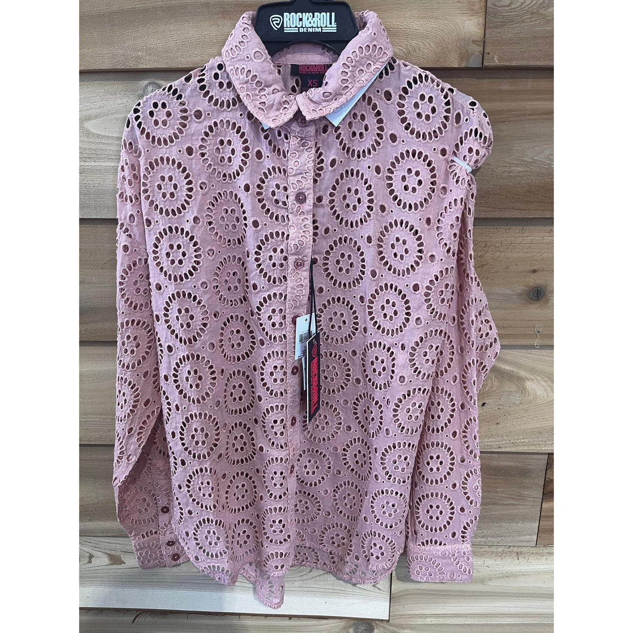 Rock & Roll Women's Long Sleeve  Eyelet Boyfriend Shirt- Rose/Mauve