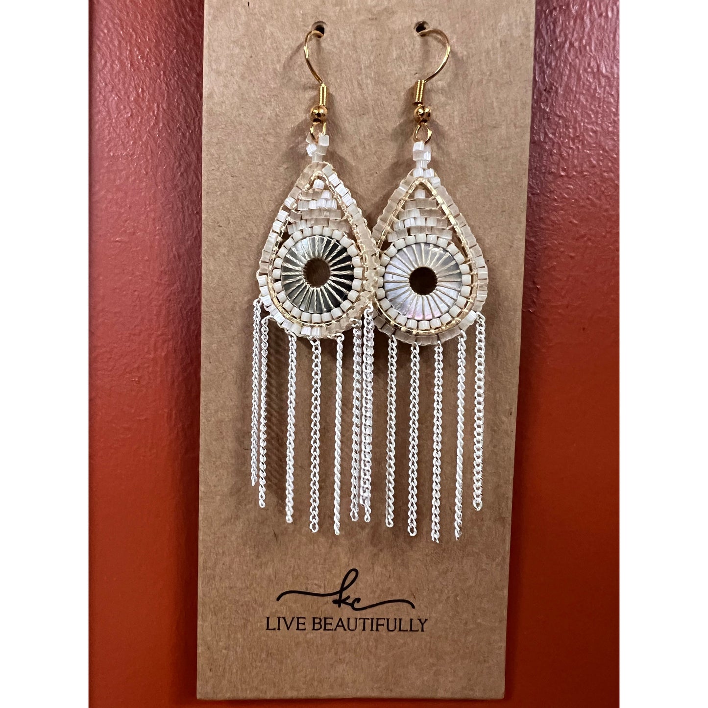 Live Beautifully Earrings - Woven Beaded Cream