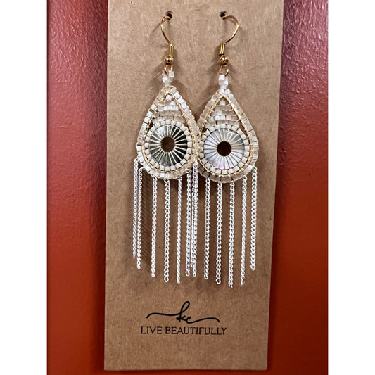 Live Beautifully Earrings - Woven Beaded Cream