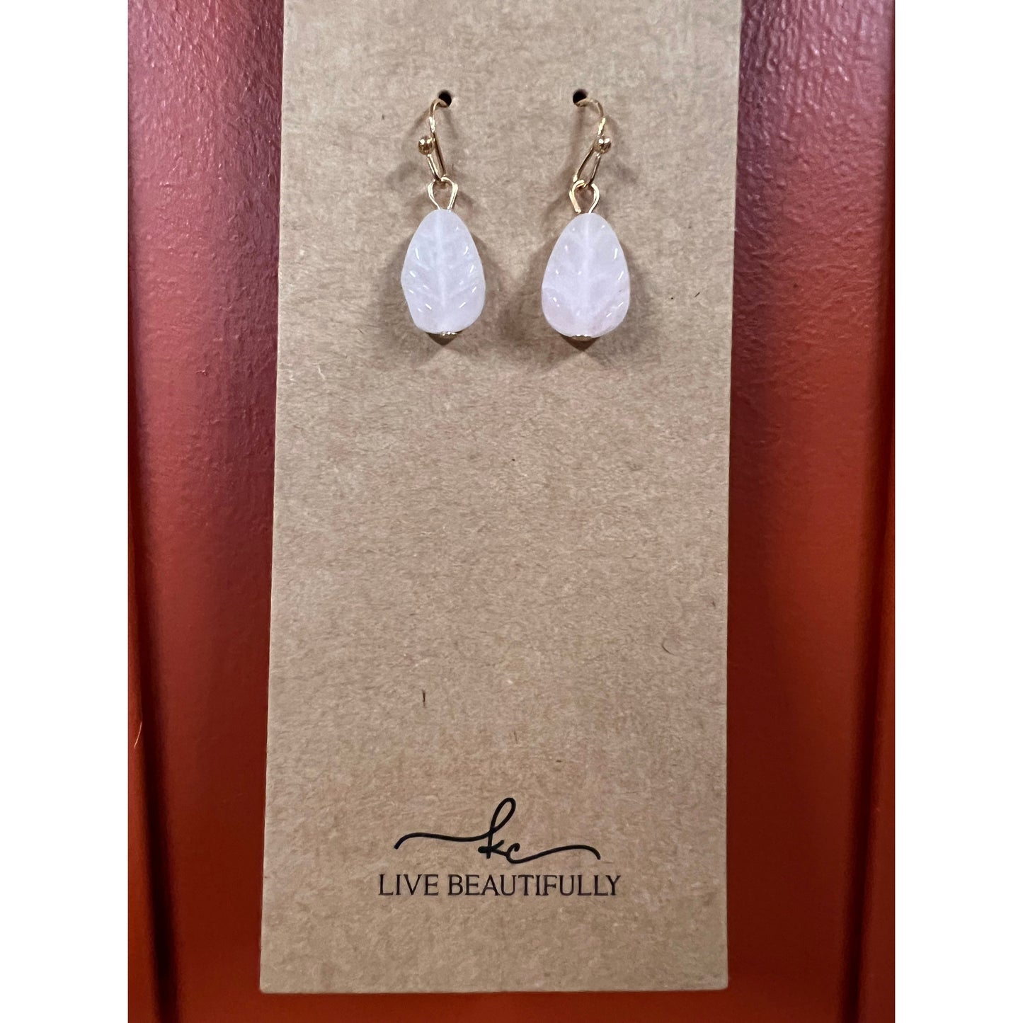 Live Beautifully Earrings - Pink Stone Leaf