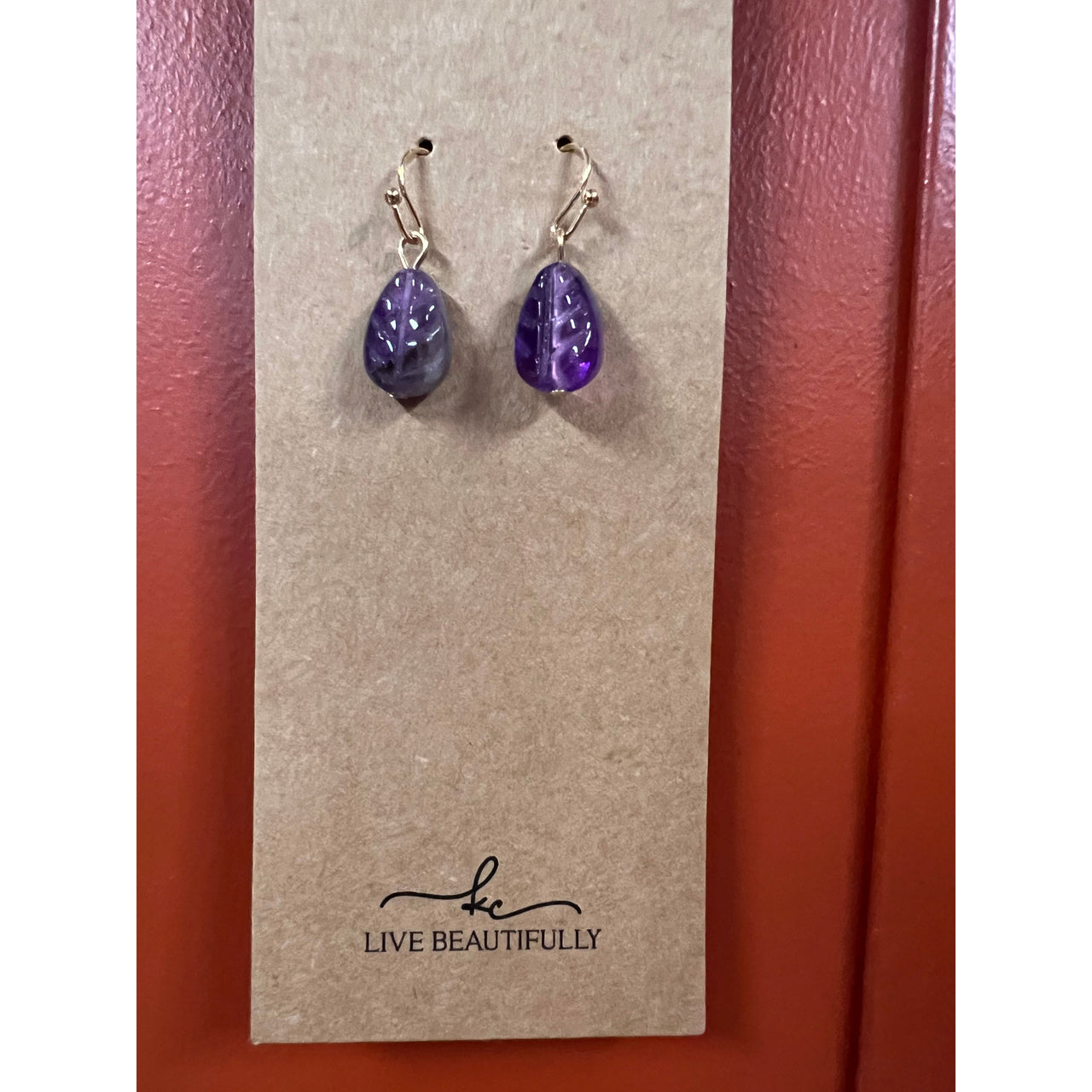 Live Beautifully Earrings - Purple Stone Leaf