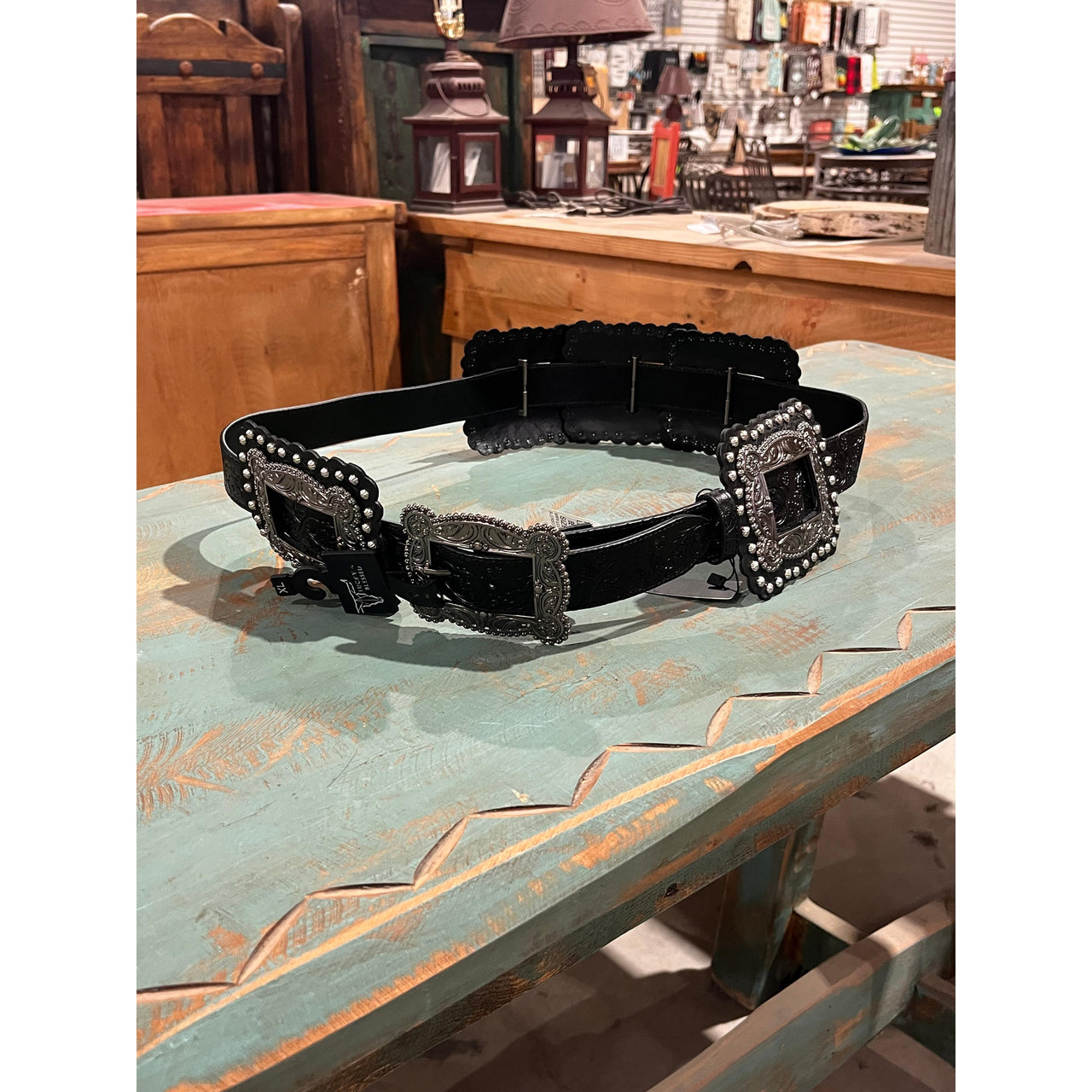 Lucky & Blessed Women's  Square Tooled Concho Belt- Black