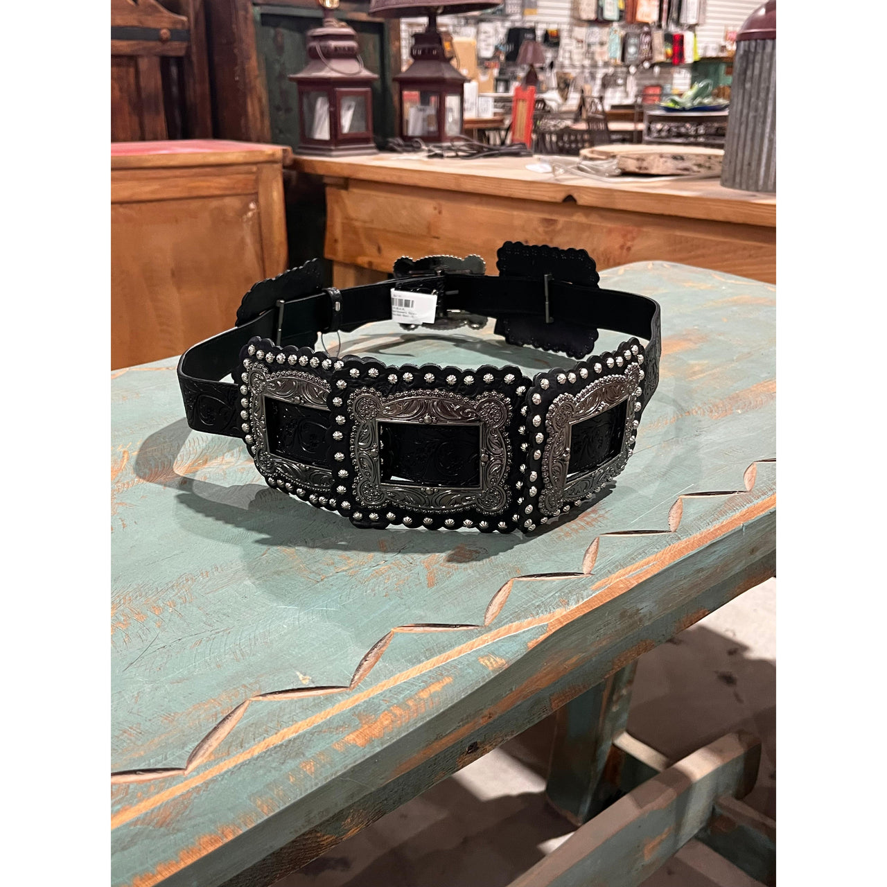Lucky & Blessed Women's  Square Tooled Concho Belt- Black