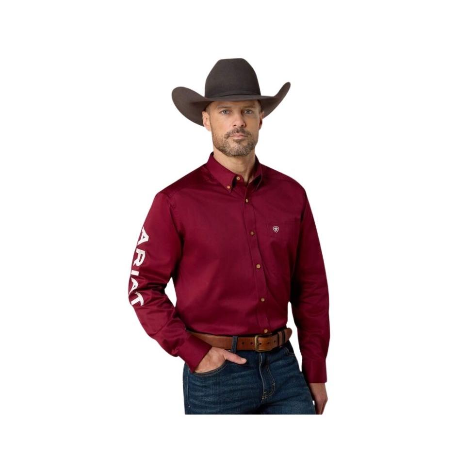 Ariat Men's Team Logo Twill Long Sleeve Classic Fit Shirt - Dark Red/White