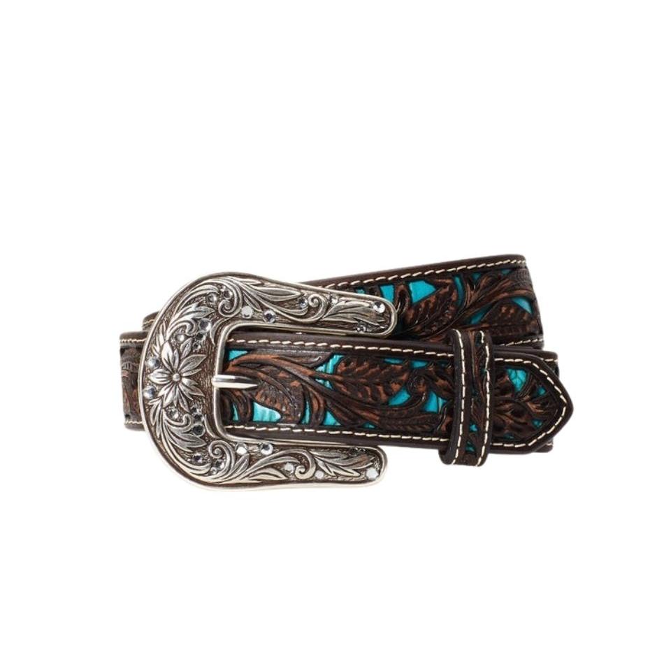Ariat Girl's Floral Crystal Studded Embossed Belt - Brown/Turquoise