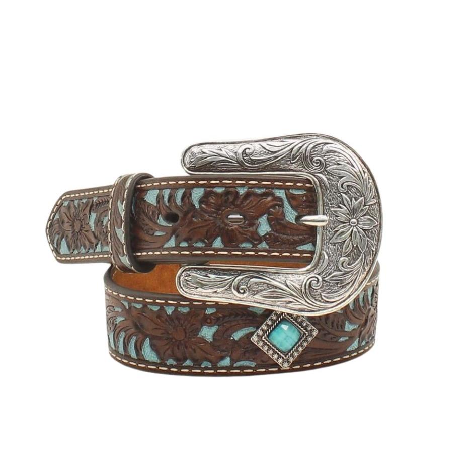Ariat Girl's Floral Inlay Concho Fashion Belt - Dark Brown/Turquoise